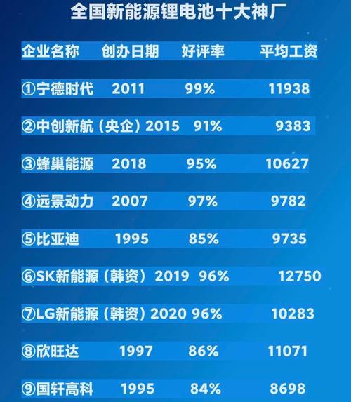 国内新能源电池排名前十名解析（探索中国新能源电池行业的发展趋势和主要企业的实力）